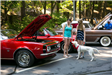 People with Dog Looking at a Classic Car